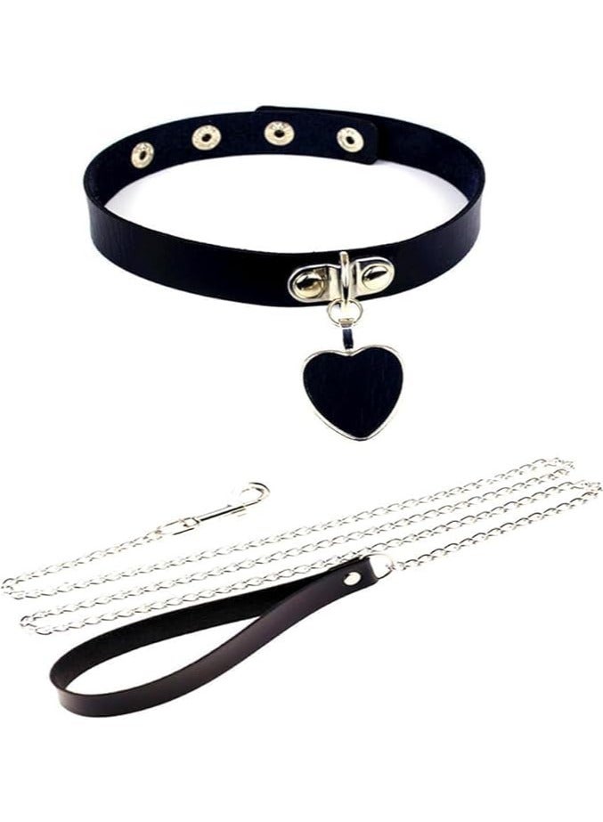Choker Punk Chain PU Leather Collar Metal Ring Set